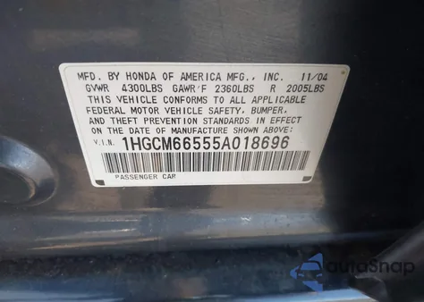 2005 Honda Accord 3.0 Ex from USA, damaged, VIN 1HGCM66555A018696